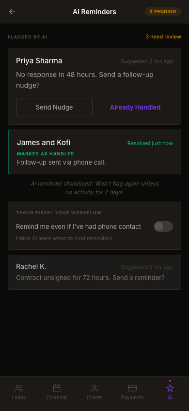 PIXEEL: Stale AI reminder with learn toggle