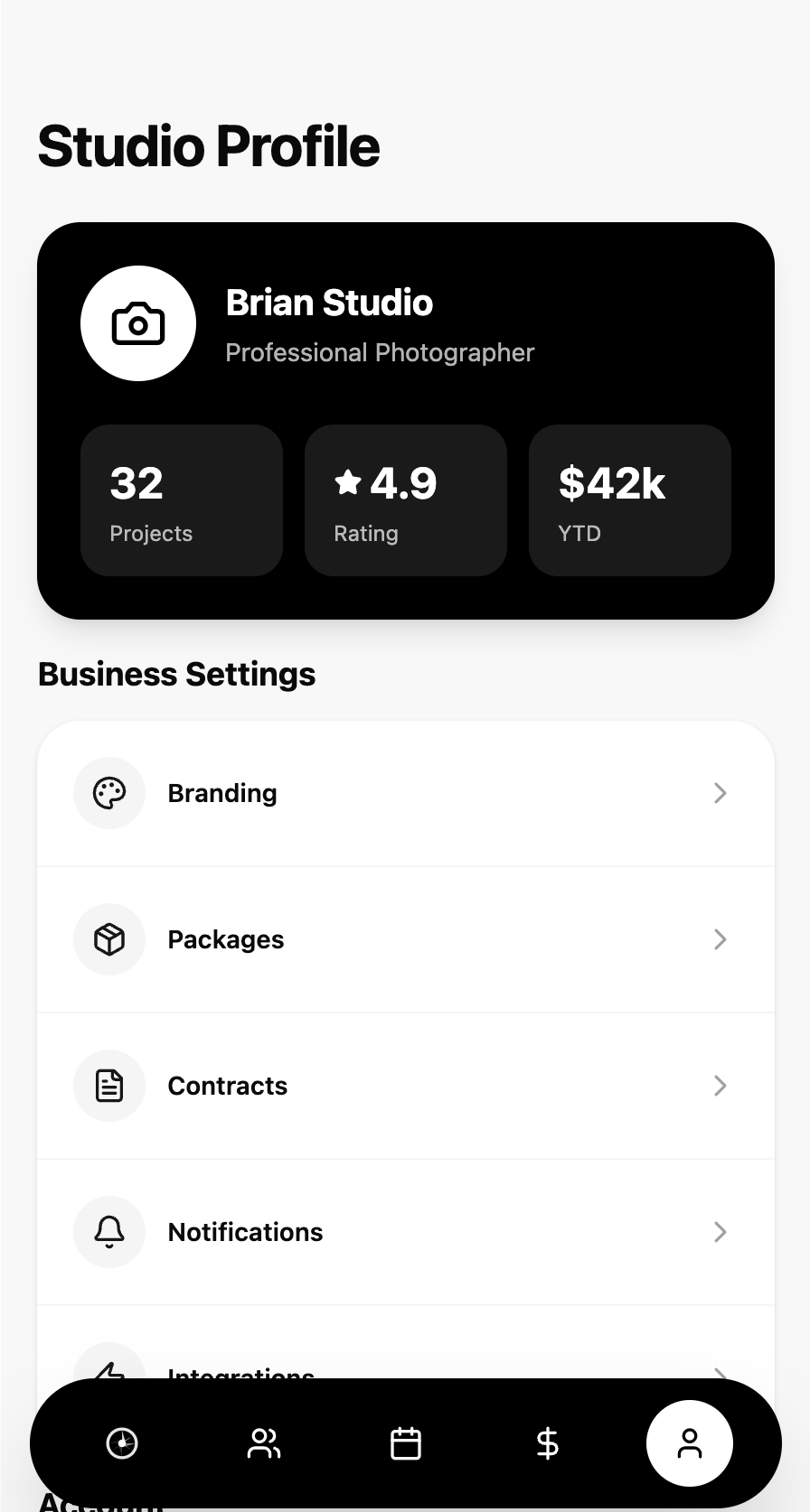 PIXEEL: Studio Profile with business settings and stats