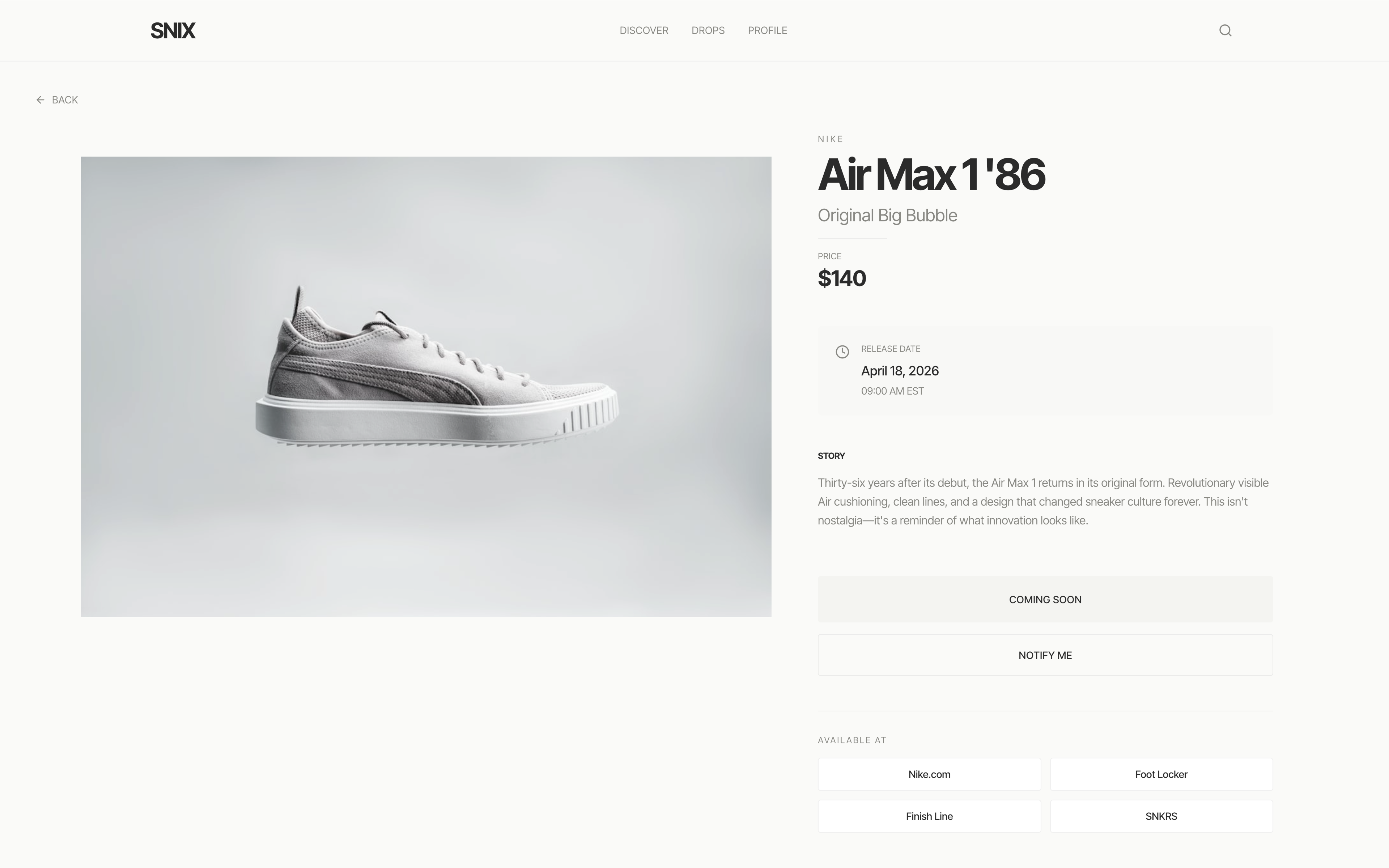 Air Max 1'86 release page showing the complete product detail system