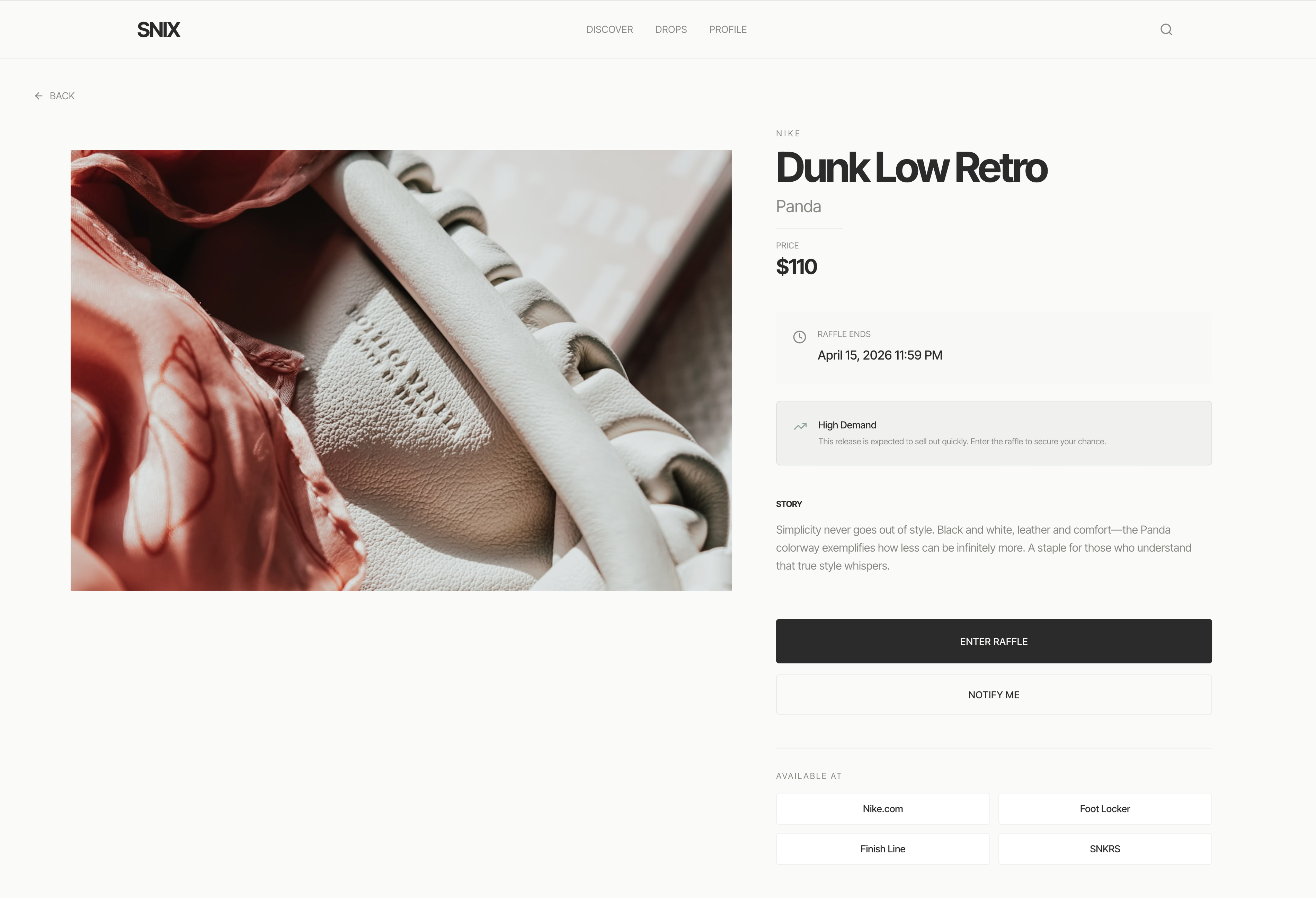 Desktop raffle entry page with High Demand signal and Enter Raffle CTA