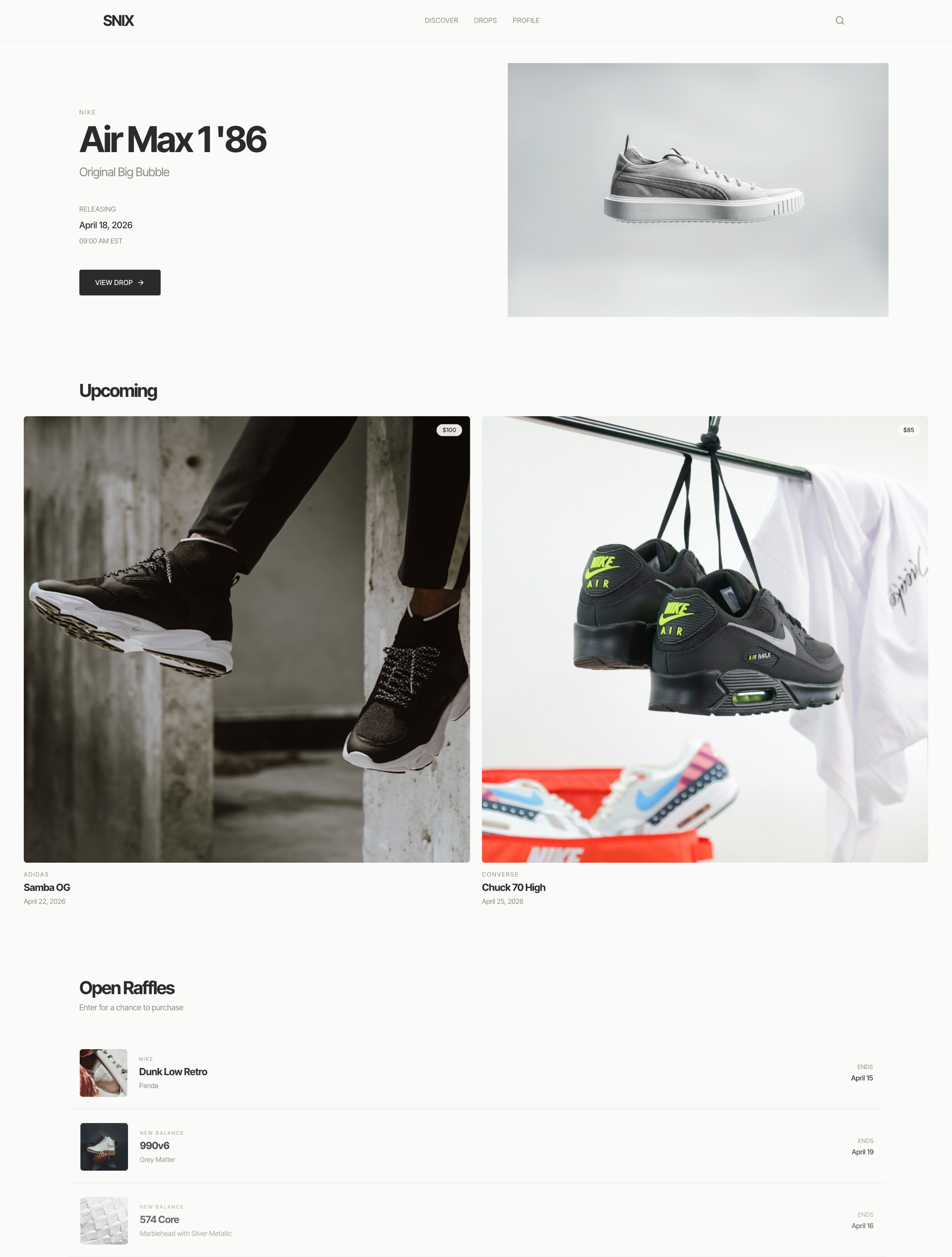 Snix full product system — discovery, upcoming releases, and open raffles