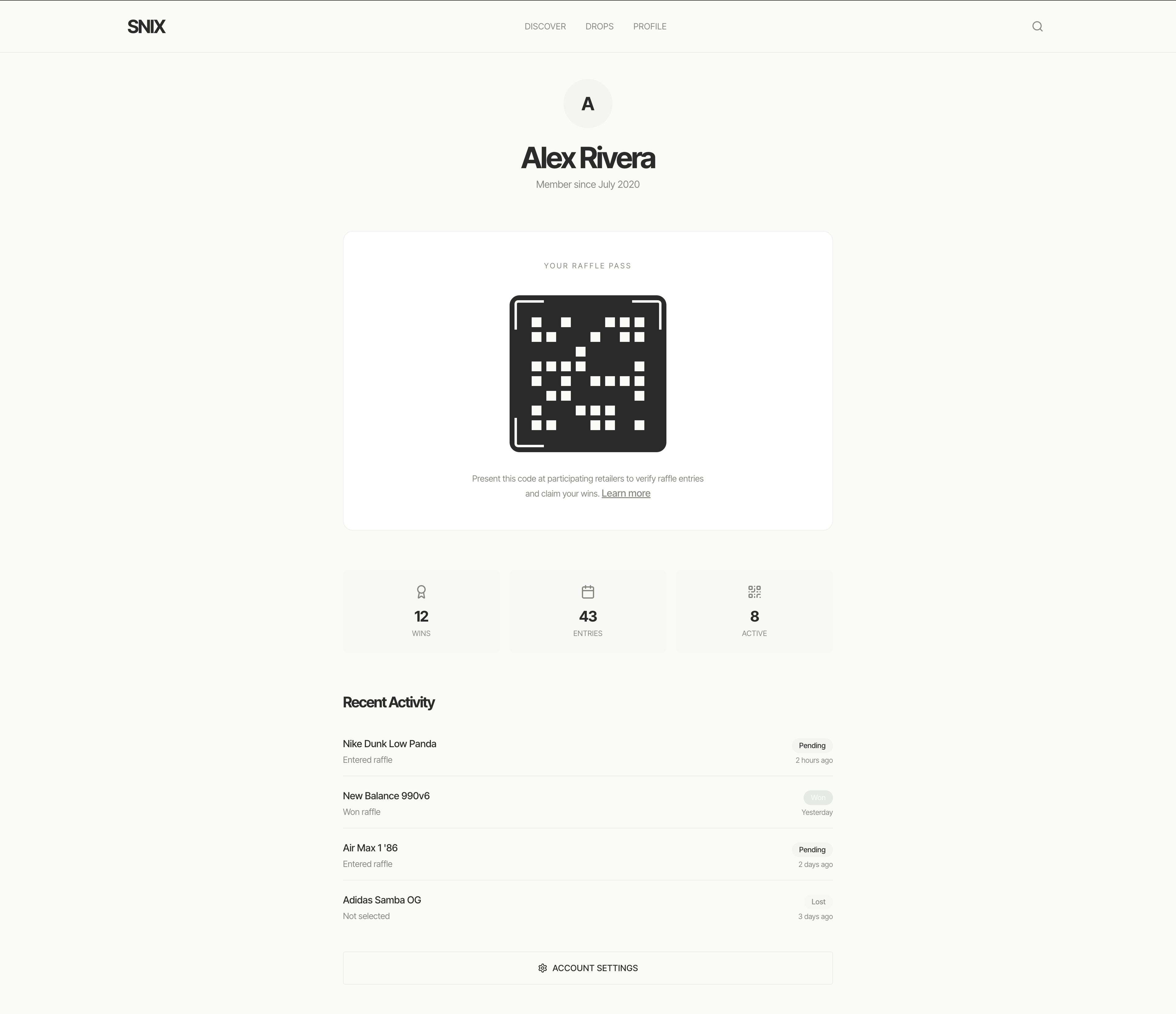 User profile showing raffle history with plain-language outcomes — every entry visible, every result explained
