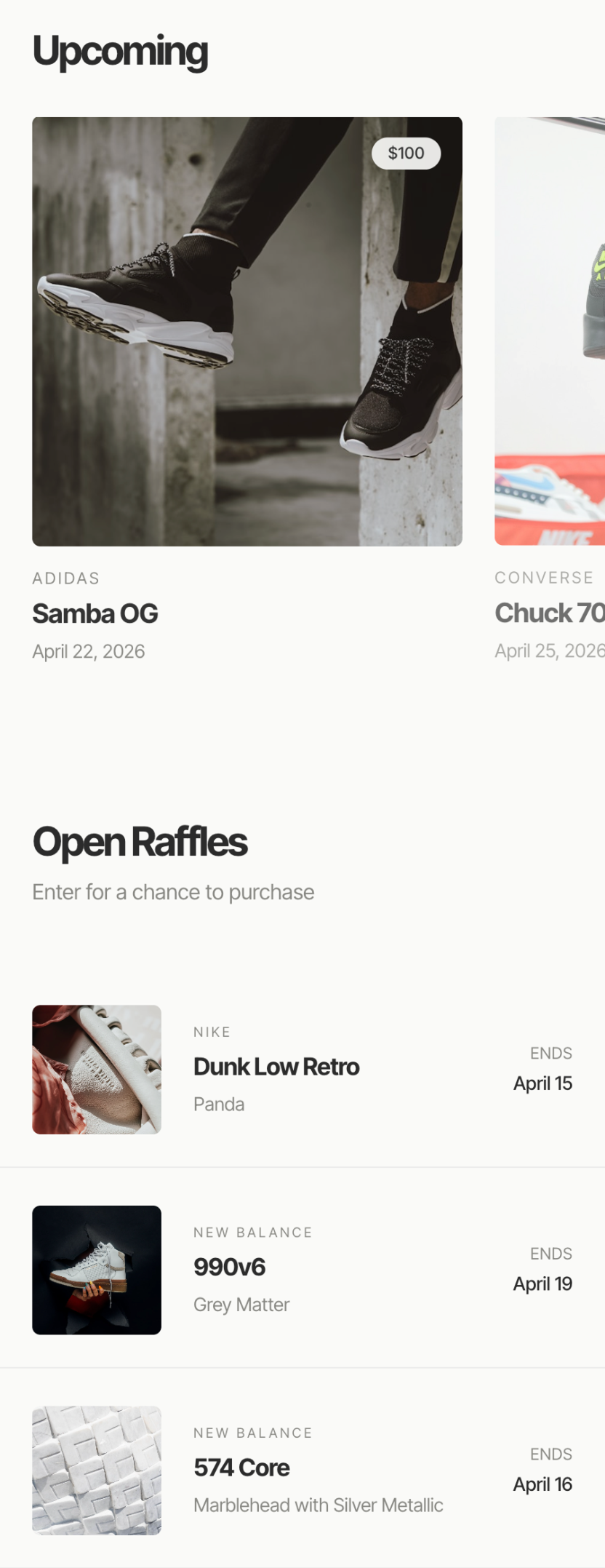 Mobile discovery feed showing upcoming releases and open raffles
