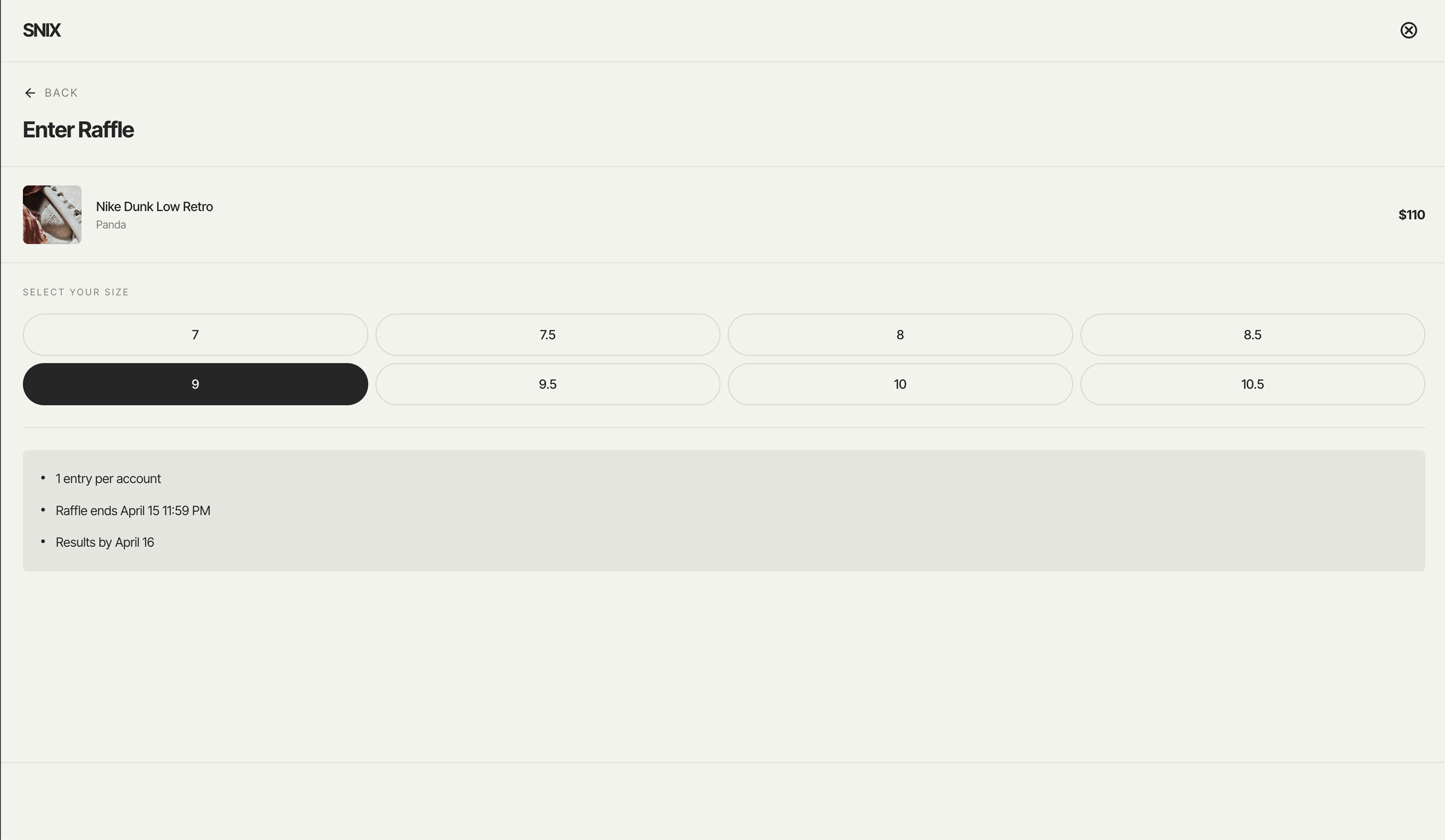 Size selection and confirmation flow